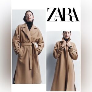 ZARA WOMEN BELTED WOOL BLEND COAT TAUPE BROWN,never worn,smoke free environment
